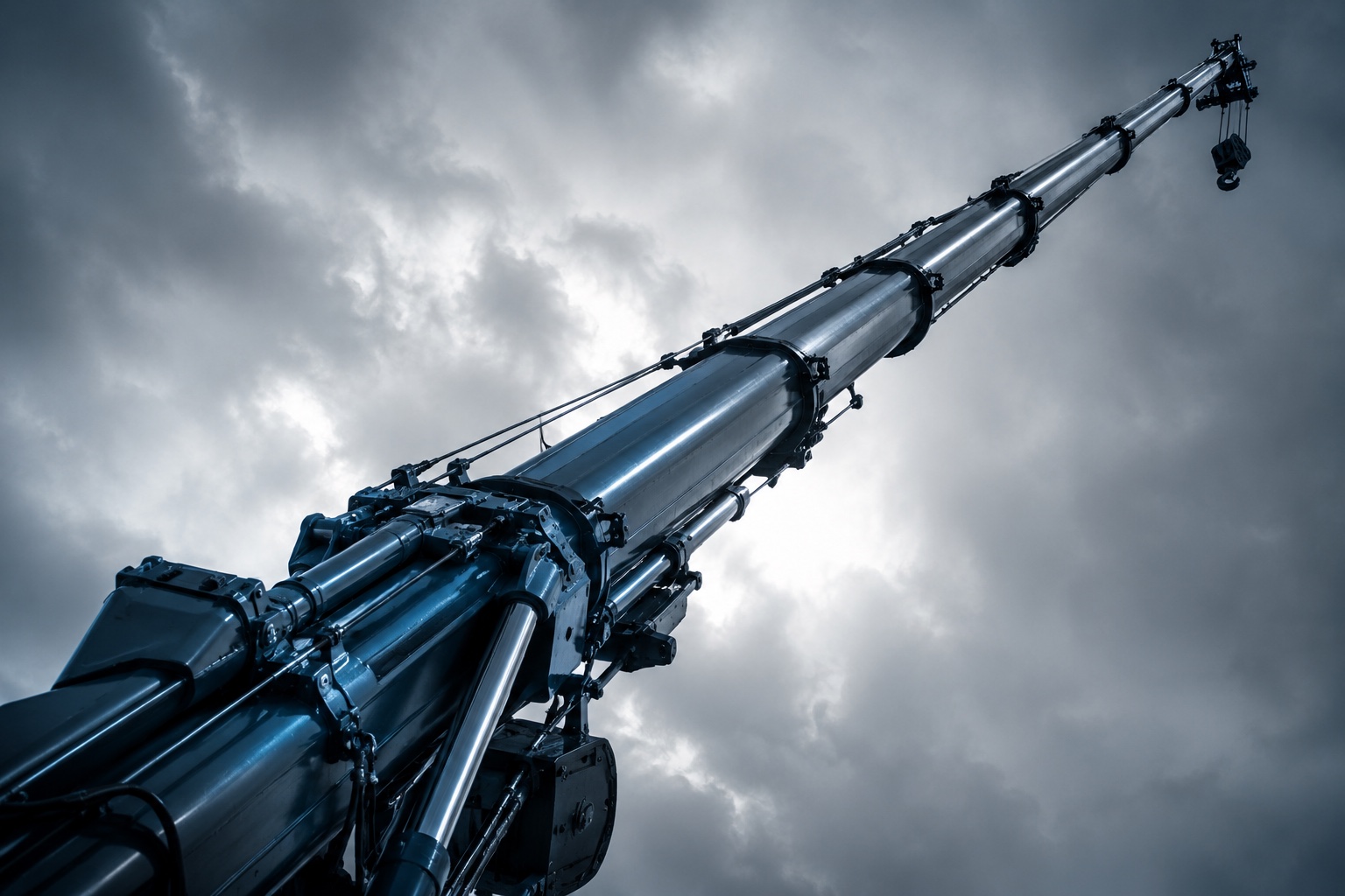 Telescoping high-strength-steel crane boom extended against an overcast sky